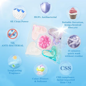 Product packaging with various features highlighted on a blue background