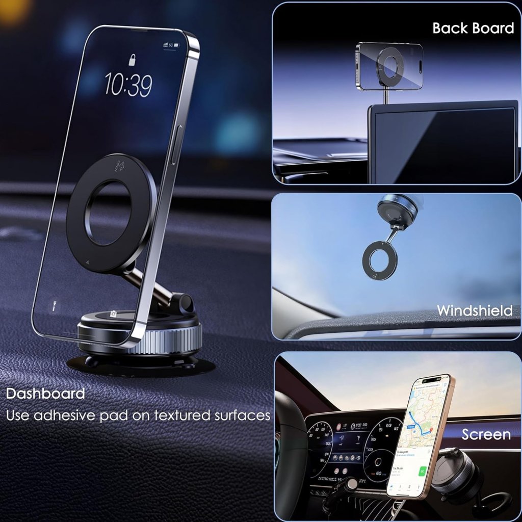 Phone holder with adhesive pad for various surfaces including dashboard, windshield, and screen.