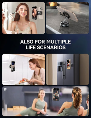 Collage of a woman using a phone holder in various scenarios with text 'Also for multiple life scenarios'.