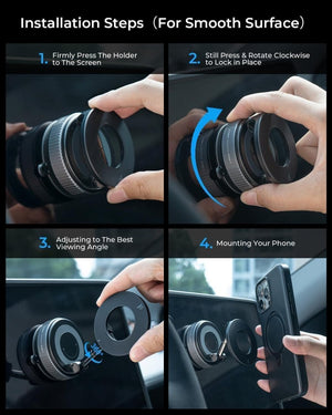 Step-by-step guide on installing a car phone holder with hands performing each action.