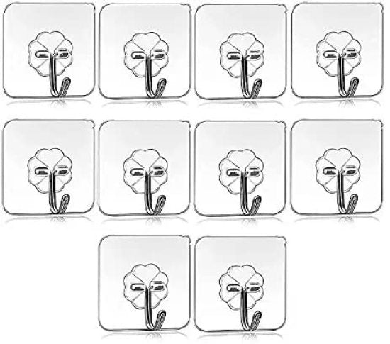 Set of 12 clear square wall hooks with floral design on a white background