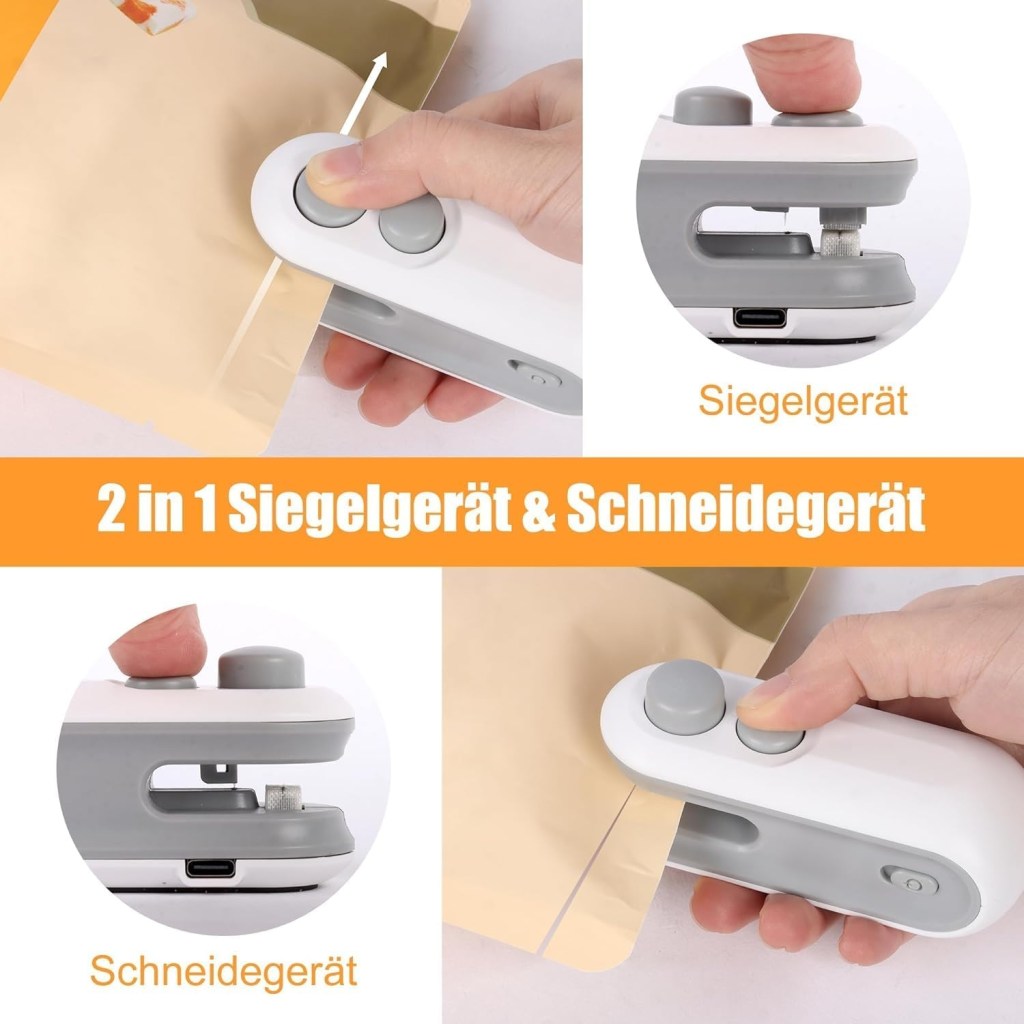 2-in-1 sealing and cutting device being used on paper with text indicating its functions.