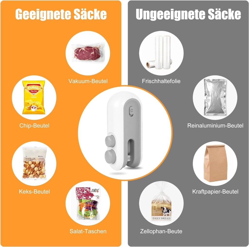 Comparison of suitable and unsuitable bags for a vacuum sealer on orange and gray backgrounds.