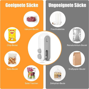 Comparison of suitable and unsuitable bags for a vacuum sealer on orange and gray backgrounds.