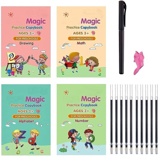 Sank Magic Practice Copybook, (4 BOOK +1 PEN + 10 REFILL) Number Tracing Book for Preschoolers with Pen, Magic calligraphy books for kids Reusable Writing Tool