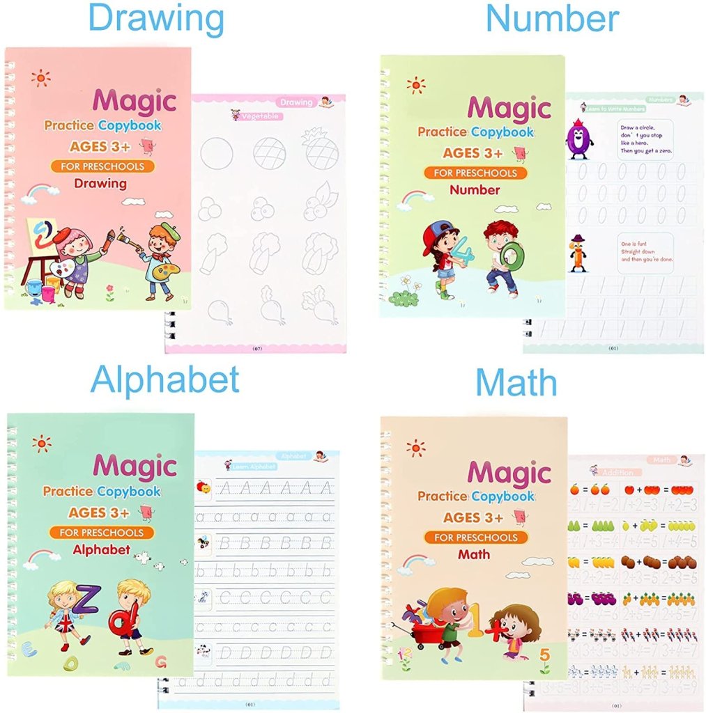 Sank Magic Practice Copybook, (4 BOOK +1 PEN + 10 REFILL) Number Tracing Book for Preschoolers with Pen, Magic calligraphy books for kids Reusable Writing Tool