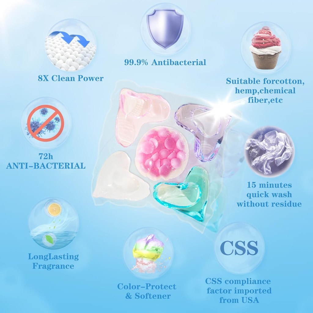 Product packaging with various features highlighted on a blue background