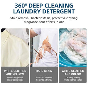 Advertisement for 360° Deep Cleaning Laundry Detergent with images of stains and cleaning action.