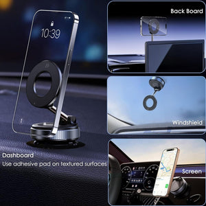 Phone holder with adhesive pad for various surfaces including dashboard, windshield, and screen.