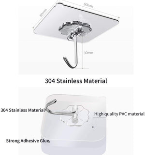 Stainless steel wall hook with adhesive backing, showing material and features.