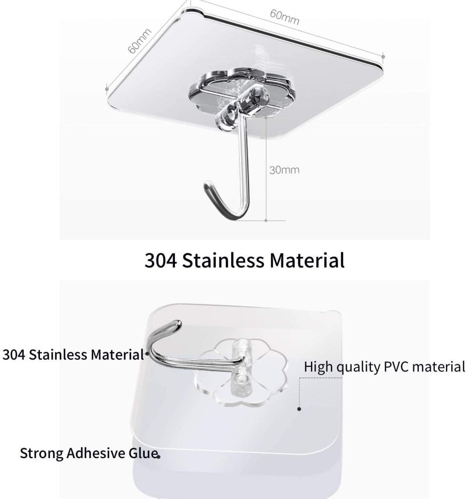 Stainless steel wall hook with adhesive backing, showing material and features.