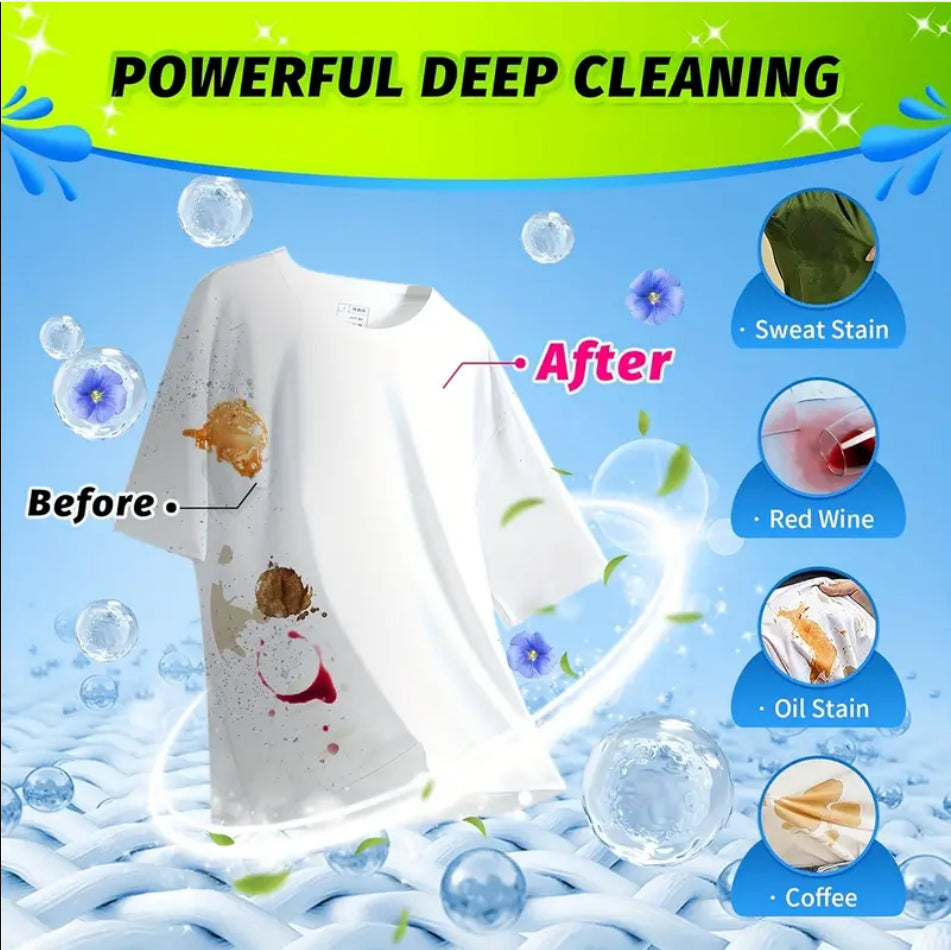 White t-shirt with stains before and after cleaning, surrounded by cleaning elements and text about powerful deep cleaning.